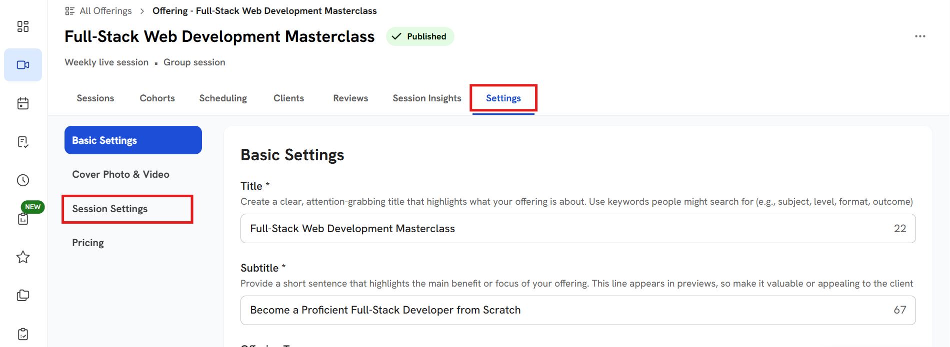 Class setting page